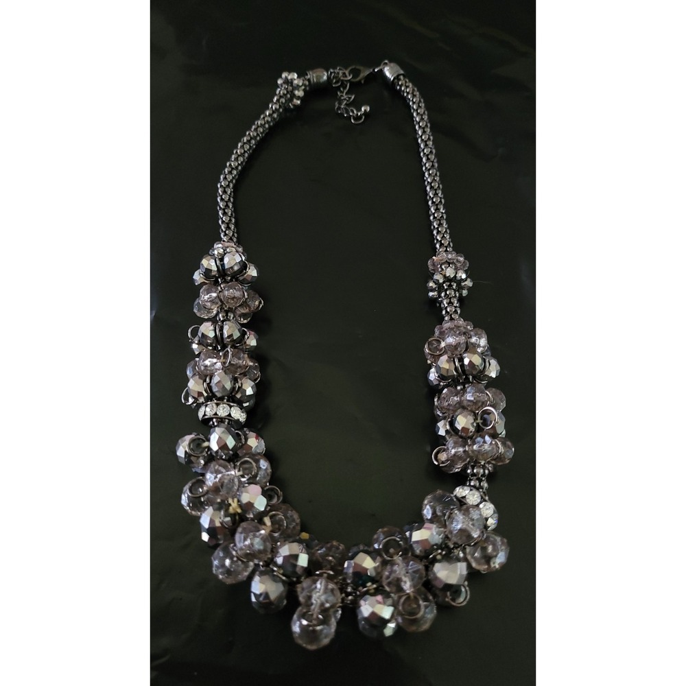 Chunky Smoky Gray Faceted Bead Cluster Statement Necklace Rhinestone 19in